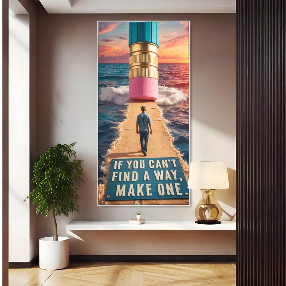 Tablou canvas cu ilustratie motivatioanala cu barbat pe carare, in rama de aluminiu argintiu